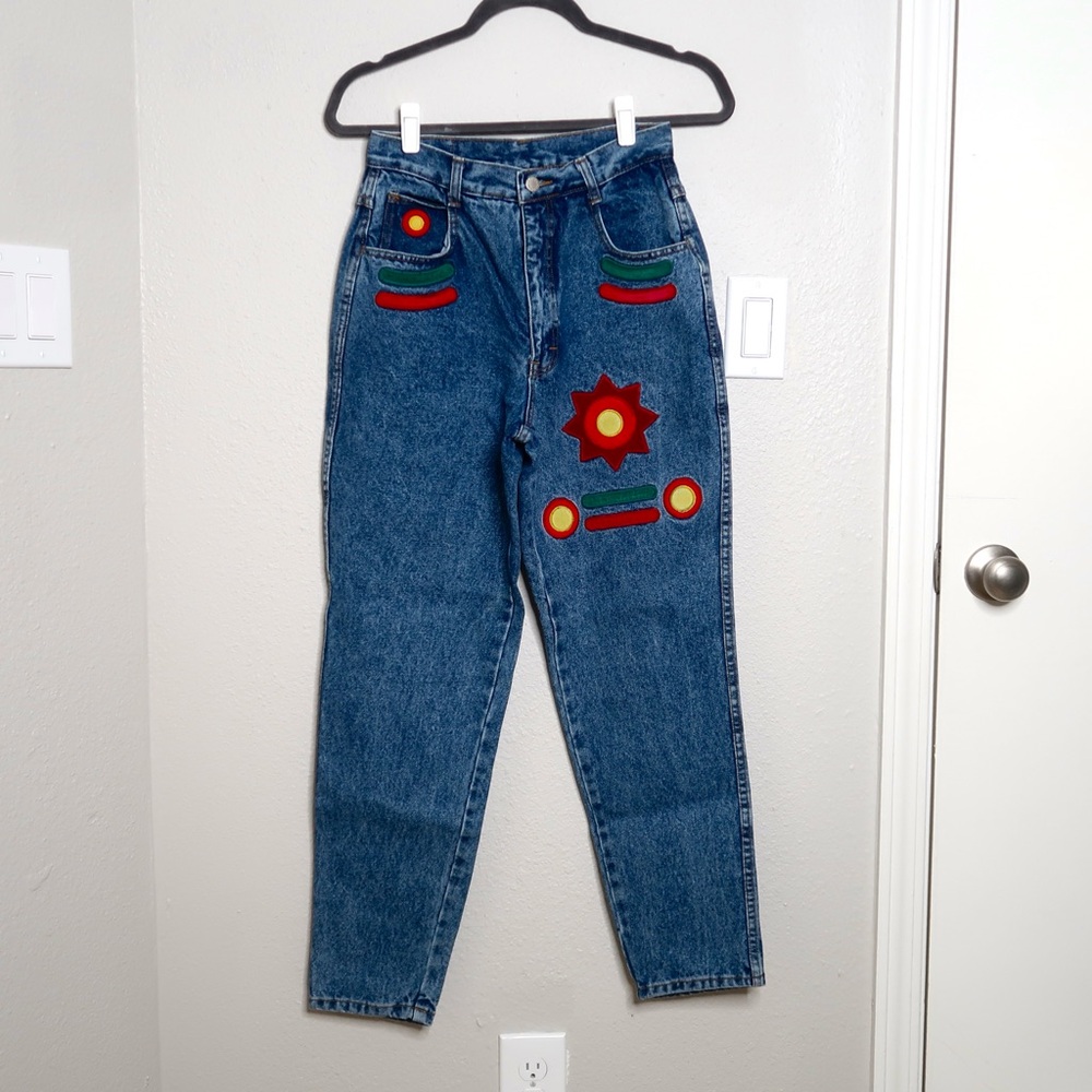 Vintage Deadstock Colorful Patchwork Dark Blue Highwaisted Mom Jeans